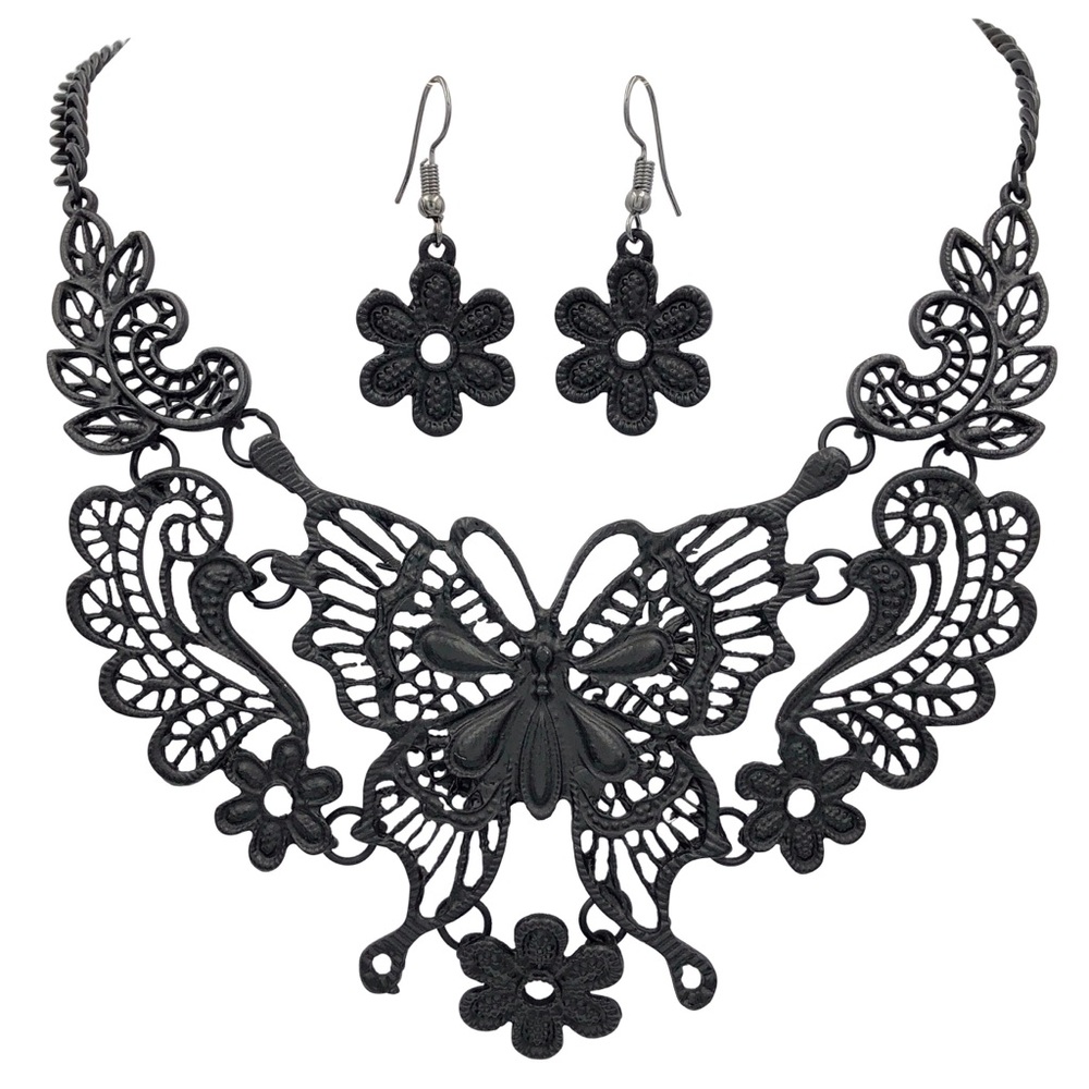 Black Butterfly Lace Look Bib Necklace Earring Set